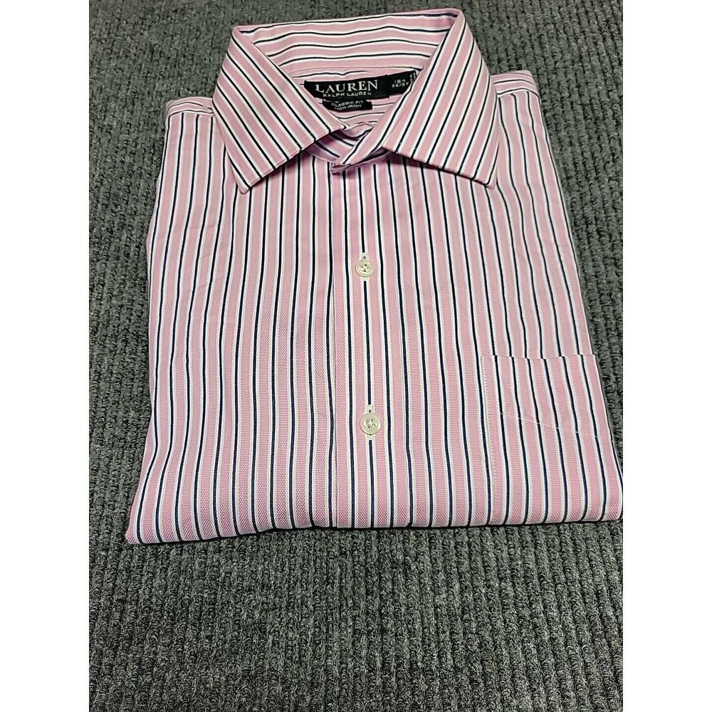 Lauren Ralph Lauren Mens 16.5 36/37 Classic Fit Non Iron Pink Stripe Dress Shirt